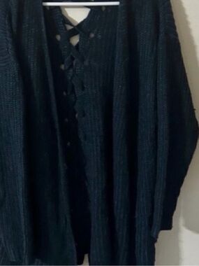 Vanilla Star Size 1x Blue Black Ribbed Lace-Up Back Cardigan